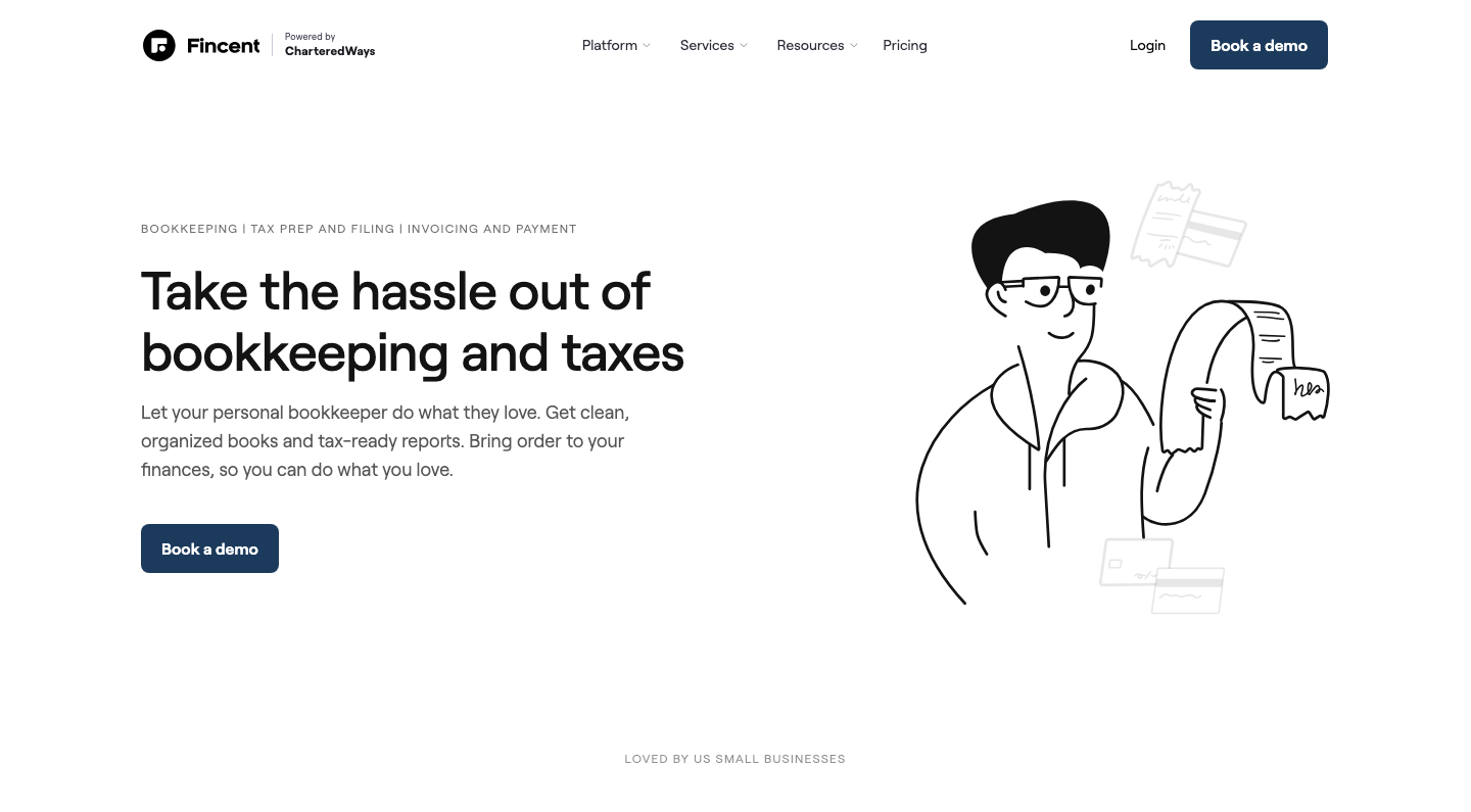 Fincent product overview page — Take the hassle out of bookkeeping and taxes