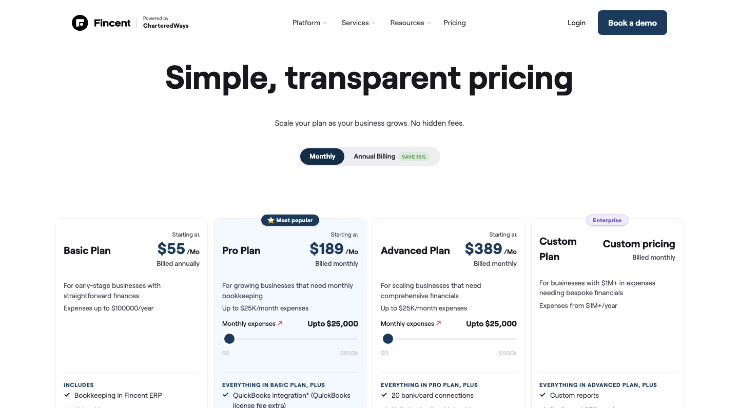 Fincent pricing page — Simple, transparent pricing